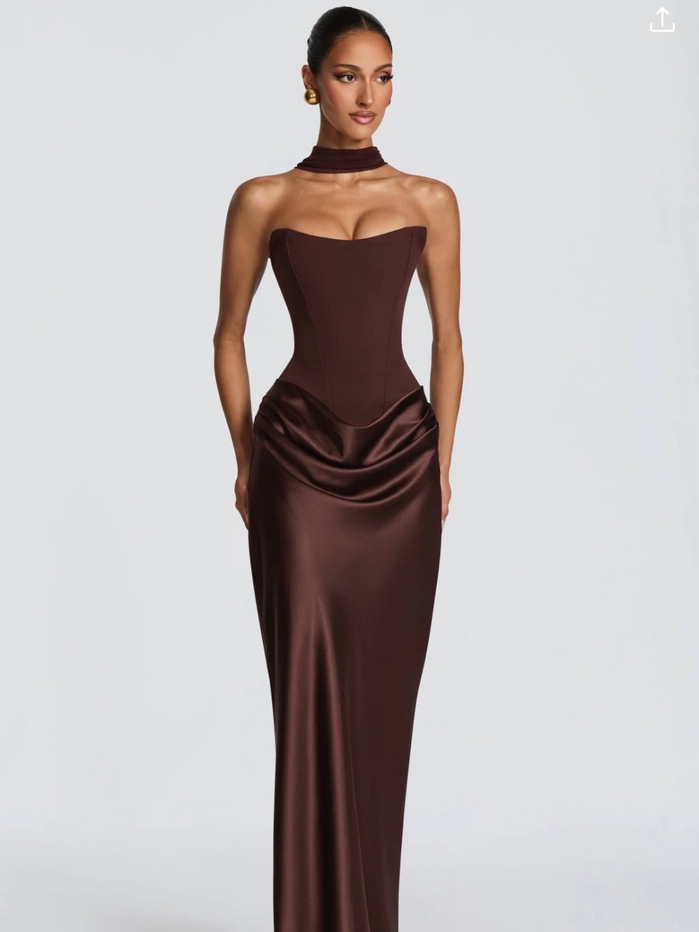 Strapless Chocolate Brown Satin Evening Gown with scarf